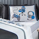 Jogo de Cama Lençol Game Streamer Branco/Azul SOLTEIRO 03 Peças com Fronha Estampado Percal 200 Fios Jogo de Cama Lençol Game Streamer Branco/Azul SOLTEIRO 03 Peças com Fronha Estampado Percal 200 Fios