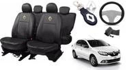Jogo de Capas de Couro Impermeável Renault Logan 2012 a 2013 + Capa de Volante com Agulha + Chaveiro