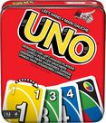 Jogo de cartas Mattel Games UNO para família canhota com caixa de lata