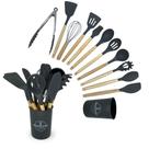 Jogo de Cozinha Kit C/12 Peças de Silicone, Utensílios e Copo Suporte para Cozinha Cabo de Madeira