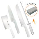 Jogo de Facas 5 Peças Mundial Chaira Estriada Cutelo Inox + Pedra de Afiar Para Açougue