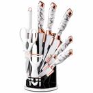 Jogo de Facas Premium 9 Peças em Aço Inoxidável com Suporte Giratório Mármore Branco e Rose Gold