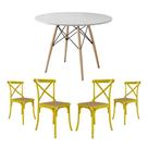 Jogo de Mesa Eiffel Redondo Tampo de Madeira 90cm Branco com 4 Cadeiras Katrina Amarela Assento Bege