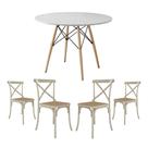 Jogo de Mesa Eiffel Redondo Tampo de Madeira 90cm Branco com 4 Cadeiras Katrina Off White Assento Be