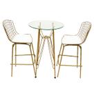 Jogo de Mesa Ísis cor Dourado Fosco Bistrô Eames Eiffel 1,00 metro com Vidro 60cm e 2 Banquetas Bertoia Assento Branco Tubular