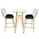 Jogo de Mesa Ísis cor Dourado Fosco Bistrô Eames Eiffel 1,00 metro com Vidro 60cm e 2 Banquetas Bertoia Assento Preto Tubular