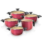 Jogo de Panela Caçarola Antiaderente Com Canecão 5 Peças Tampa de Vidro Cereja/Bege Alumínios Portela