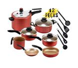 Jogo de Panelas 12 Peças Antiaderente Teflon Cereja com Panela de Pressão 4,5 Litros Tampa de Vidro