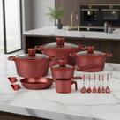 Jogo de Panelas 18 Peças London Dark Red Coffee Antiaderente Alumínio com Tampas de Vidro e Utensílios Silicone LD1018