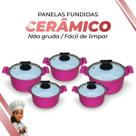 Jogo De Panelas Cerâmica Branca Antiaderente 5 Peças Rosa Tampa De Vidro Alça de Alumínio