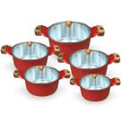 Jogo De Panelas Fundidas Usinadas 5 Peças Varias Cores Tampa De Vidro Cor:Vermelho