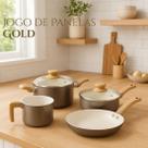 Jogo de Panelas Gold Alumínio Revestimento Cerâmico Dourada e Cabo de Baquelite Frigideira, Caçarola, Leiteira Antiaderente 4 Peças Cozinha Premium