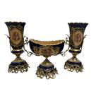 Jogo de Porcelanas Vasos + Centro de Mesa Azul e Dourado Pintados à Mão 41x17x17cm e 32x36x20cm