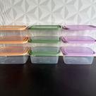 Jogo de pote de plástico retangular transparente verde laranja lilás 850ml com 3 peças organizador