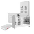 Jogo de Quarto Algodão Doce MDF Roupeiro 2 Portas + Cômoda + Berço 2x1 Branco c/ Colchão - Bela Móveis