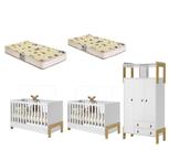 Jogo De Quarto Infantil Kit Gêmeos Com 2 Berços 2 Colchão e Roupeiro Fantasia - Móveis Leartam