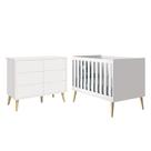 Jogo de Quarto Infantil Theo Cômoda 6 Gavetas e Berço Branco Fosco com Pés Madeira Natural - Reller Móveis