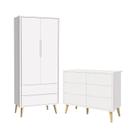 Jogo de Quarto Infantil Theo Guarda Roupa 2 Portas e Cômoda 6 Gavetas Branco Fosco com Pés Madeira Natural - Reller Móveis