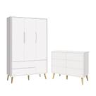 Jogo de Quarto Infantil Theo Guarda Roupa 3 Portas e Cômoda 6 Gavetas Branco Fosco com Pés Madeira Natural - Reller Móveis