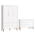 Jogo de Quarto Infantil Theo Retrô Guarda Roupa 3 Portas e Cômoda 1 Porta Branco com Pés Amadeirado - Reller Móveis