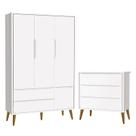 Jogo de Quarto Infantil Theo Retrô Guarda Roupa 3 Portas e Cômoda Branco com Pés Amadeirado - Reller Móveis