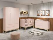 Jogo de Quarto para Bebê Completo 3 Portas Classic New Rosa Fosco com Natural - MoveisAqui