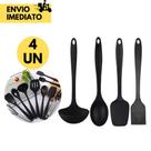 Jogo de Silicone p/ Cozinha com 4 Peças Colher, Concha, Espátula e Pincel Cor Preto Resistente a Tem