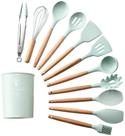 Jogo de Utensílios de Cozinha em Silicone e Madeira 12 peças - VERDE