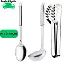 Jogo De Utensílios de Cozinha Kit 3 Peças Aço Inox Com Pegador de Salada Macarrão Massa