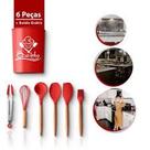 Jogo de Utensílios de Silicone para Cozinha com 7 Peças Vermelha de Silicone e Madeira