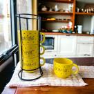 Jogo De Xícara Café Chá Amarela Com Suporte Kit 4 Caneca Poá