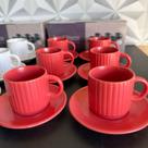 Jogo de xícara de café com pires 8 peças vermelho branco para cozinha conjunto xícaras cerâmica vidro branca vermelha -