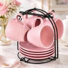 Jogo de Xícaras Chá Café Rosa Porcelana com Pires e Suporte 200ml