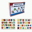 Jogo Educativo Aprender Inglês Letras e Números Colorido e 8 Alinhavos com Caixa de Madeira
