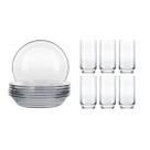 Jogo Elegante 6 Pratos Vidro Fundo + 6 Copos Vidro Lights 410ml