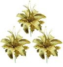 Jogo Flor Lírio Natalino Glitter Dourada 24cm 3 Unidades - Yangzi