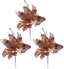Jogo Flor Lírio Natalino Glitter Rosê Gold 24cm 3 Unidades - Yangzi