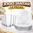 Jogo Jantar 12 Peças Pratos Fundos Vidro Liso Resistente Jogo Jantar 12 Peças Pratos Fundos Vidro Liso Resistente