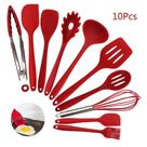 Jogo Kit 10 Utensílios Silicone Vermelho Cozinha Colher Pegador Concha Espátula Pincel