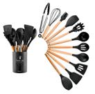 Jogo Kit Colheres de Silicone Cabo de Madeira 12 peças Utensilios Cozinha