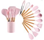 Jogo Kit Colheres de Silicone Cabo de Madeira 12 peças Utensilios Cozinha