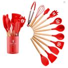 Jogo Kit Colheres de Silicone Cabo de Madeira 12 peças Utensilios Cozinha