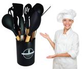 Jogo Kit Com 12 Peças Utensílios De Cozinha Colheres Espatulas Pegador Silicone+Copo - GNshop