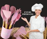 Jogo Kit Com 12 Peças Utensílios De Cozinha Colheres Espatulas Pegador Silicone+Copo - GNshop
