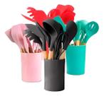 Jogo Kit Com 12 Peças Utensílios De Cozinha Colheres Espatulas Pegador Silicone Copo Suporte