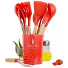 Jogo Kit Com 12 Peças Utensílios De Cozinha Colheres Espatulas Pegador Silicone Copo Suporte