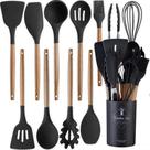 Jogo Kit Com 12 Peças Utensílios De Cozinha Colheres Espatulas Pegador Silicone Copo Suporte