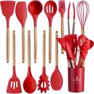 Jogo Kit Com 12 Peças Utensílios De Cozinha Colheres Espatulas Pegador Silicone Copo Suporte