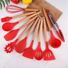 Jogo Kit Com 12 Peças Utensílios De Cozinha Silicone Cabo Madeira