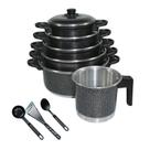 Jogo Kit de Panela Caçarola + Caneco Leiteira + Brinde 9 Pçs Cor:Preto Craqueado Jogo Kit de Panela Caçarola + Caneco Leiteira + Brinde 9 Pçs Cor:Preto Craqueado